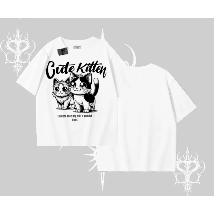 Cute Kitten Yazılı Sevimli Kedi Baskılı Oversize Tshirt