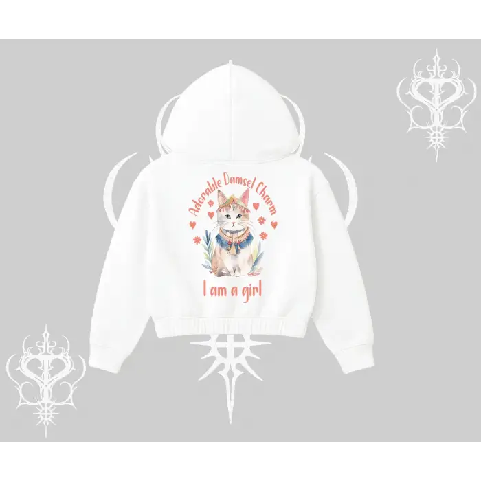 Cute Princess Kedi Tasarımlı Arka Baskılı Kapşonlu Crop Sweatshirt