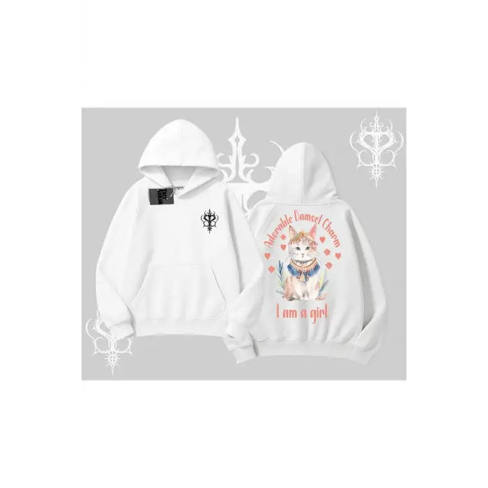 Cute Princess Kedi Tasarımlı Arka Baskılı Kapşonlu Sweatshirt