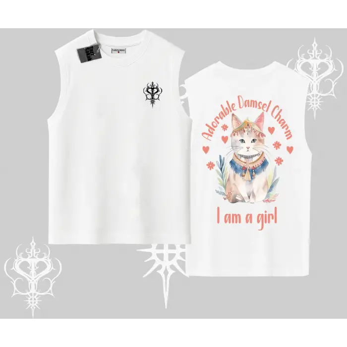 Cute Princess Kedi Tasarımlı Arka Baskılı Kolsuz Tshirt