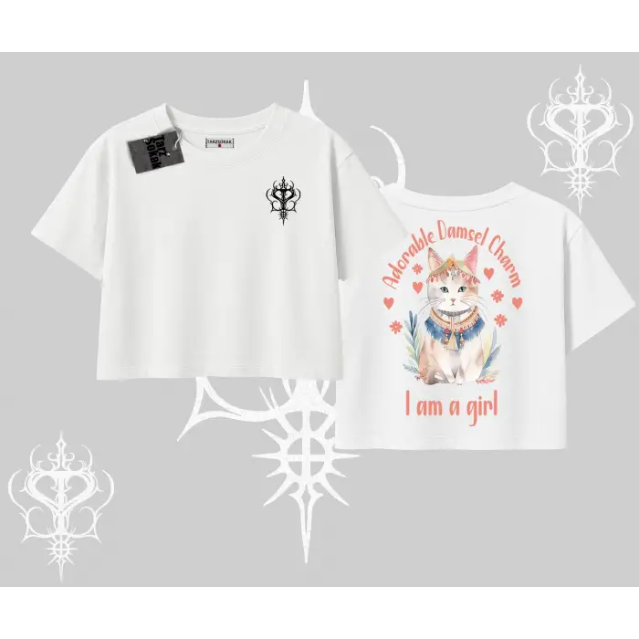 Cute Princess Kedi Tasarımlı Arka Baskılı Oversize Crop Tshirt