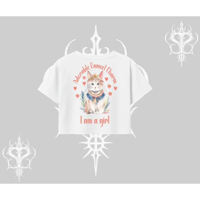 Cute Princess Kedi Tasarımlı Arka Baskılı Oversize Crop Tshirt