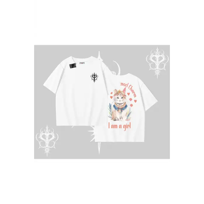 Cute Princess Kedi Tasarımlı Arka Baskılı Oversize Tshirt