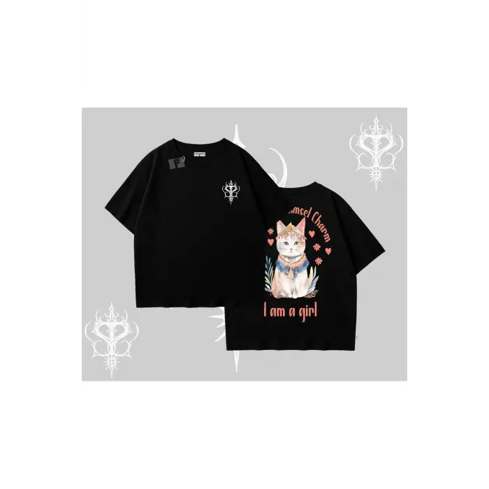 Cute Princess Kedi Tasarımlı Arka Baskılı Oversize Tshirt