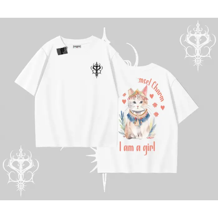 Cute Princess Kedi Tasarımlı Arka Baskılı Oversize Tshirt