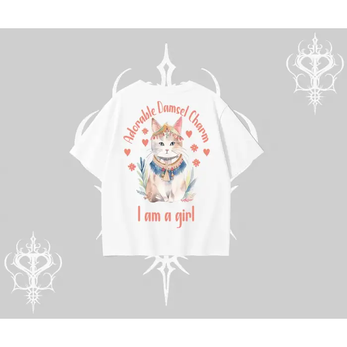 Cute Princess Kedi Tasarımlı Arka Baskılı Oversize Tshirt