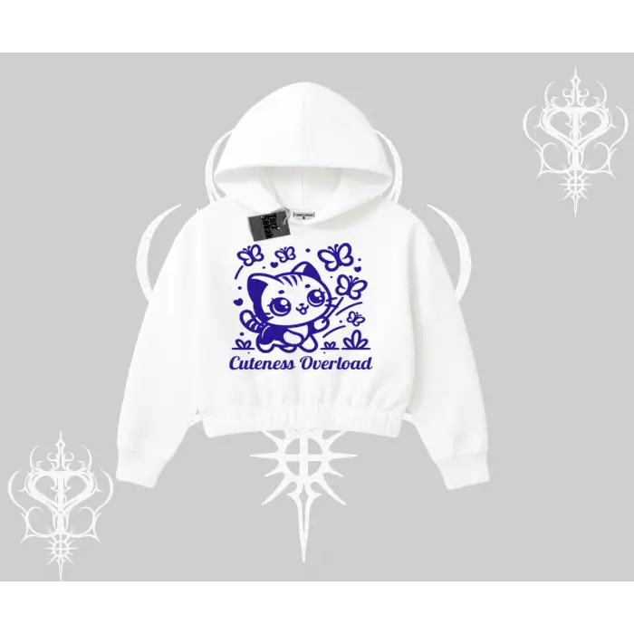 Cuteness Overload Kedi Baskılı Kapşonlu Crop Sweatshirt
