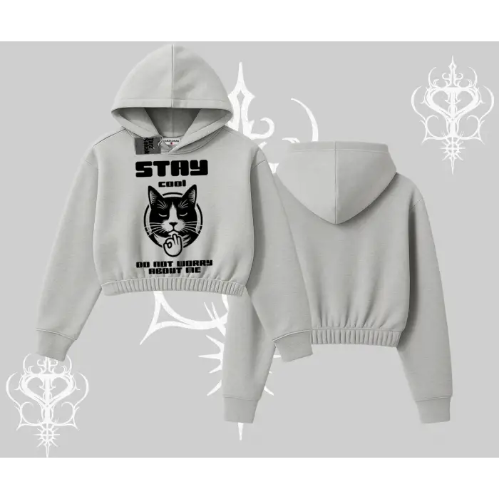 Cuteness Overload Kedi Baskılı Kapşonlu Crop Sweatshirt