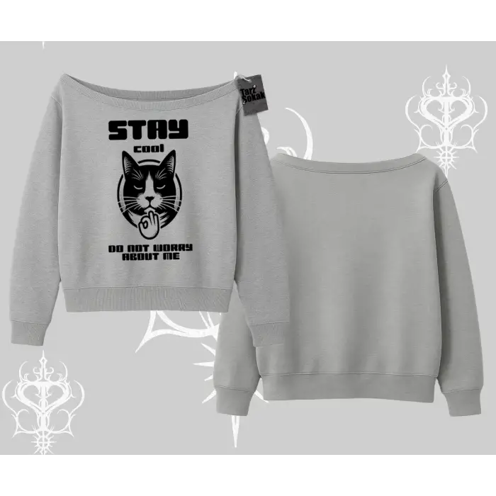 Cuteness Overload Kedi Baskılı Kayık Yaka Sweatshirt