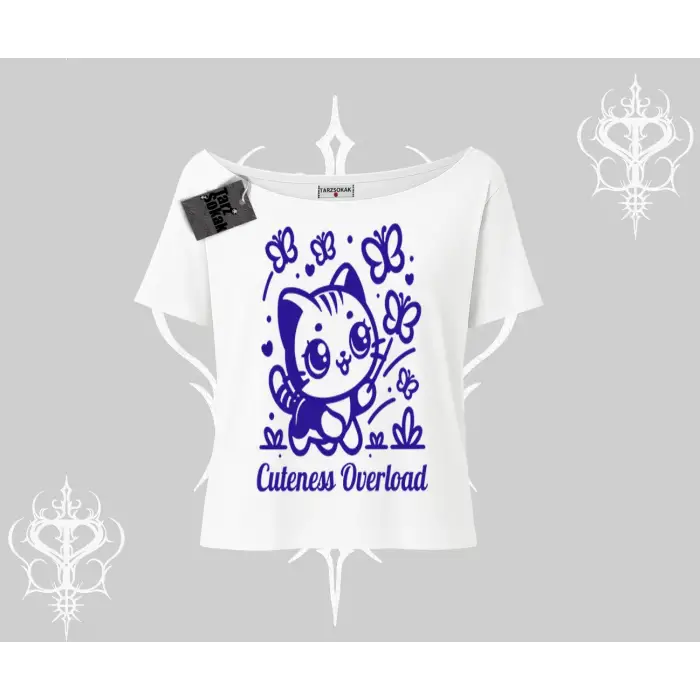 Cuteness Overload Kedi Baskılı Kayık Yaka Tshirt