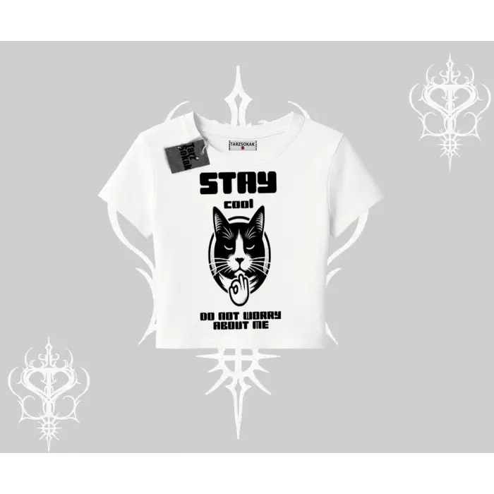 Cuteness Overload Kedi Baskılı Oversize Crop Tshirt