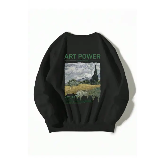 Dağ ve Slogan Grafikli Sweatshirt Siyah