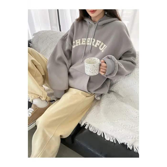 Dazy-Less Letter Graphic Drop Shoulder Drawstring Hoodie Without Tee Gri