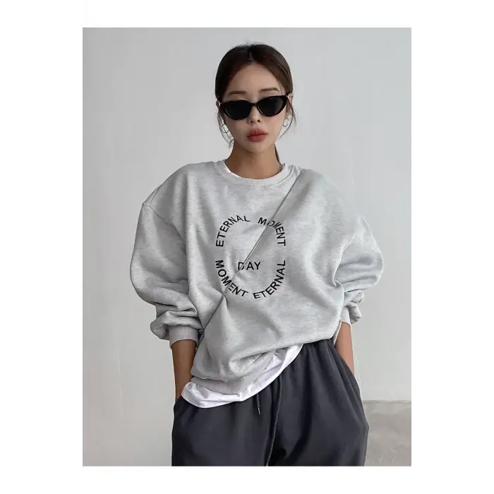 DAZY Slogan Embroidery Drop Shoulder Pullover Gri