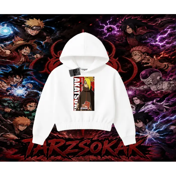Deidara Naruto Anime Karakteri Kadın Crop Kapşonlu Sweatshirt Beyaz
