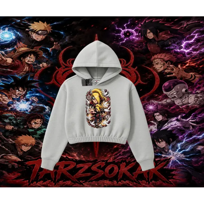 Deidara Naruto Anime Karakteri Kadın Crop Kapşonlu Sweatshirt Beyaz