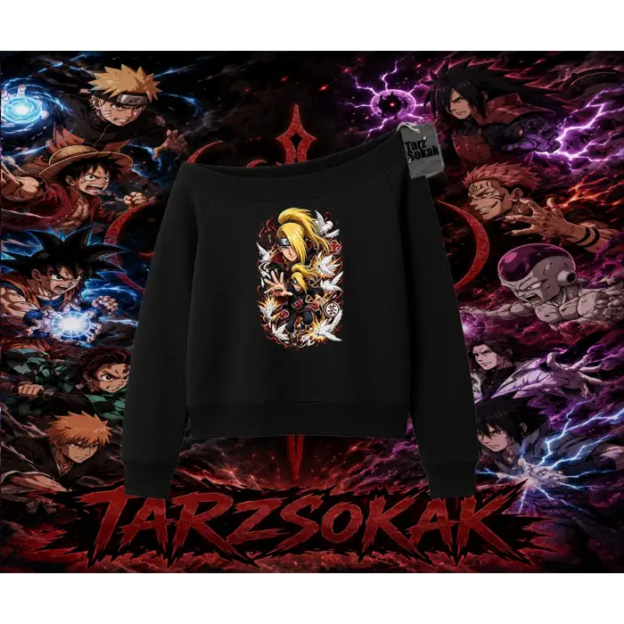 Deidara Naruto Anime Karakteri Kadın Kayık Yaka Sweatshirt Beyaz