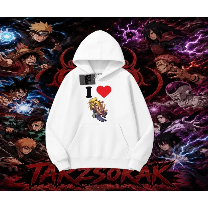 Deidara Naruto Anime Karakteri Oversize Unisex Kapşonlu Sweatshirt Beyaz