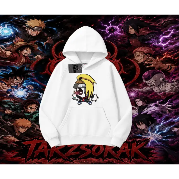 Deidara Naruto Anime Karakteri Oversize Unisex Kapşonlu Sweatshirt Beyaz