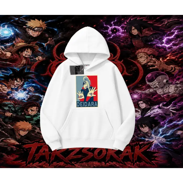 Deidara Naruto Anime Karakteri Oversize Unisex Kapşonlu Sweatshirt Beyaz