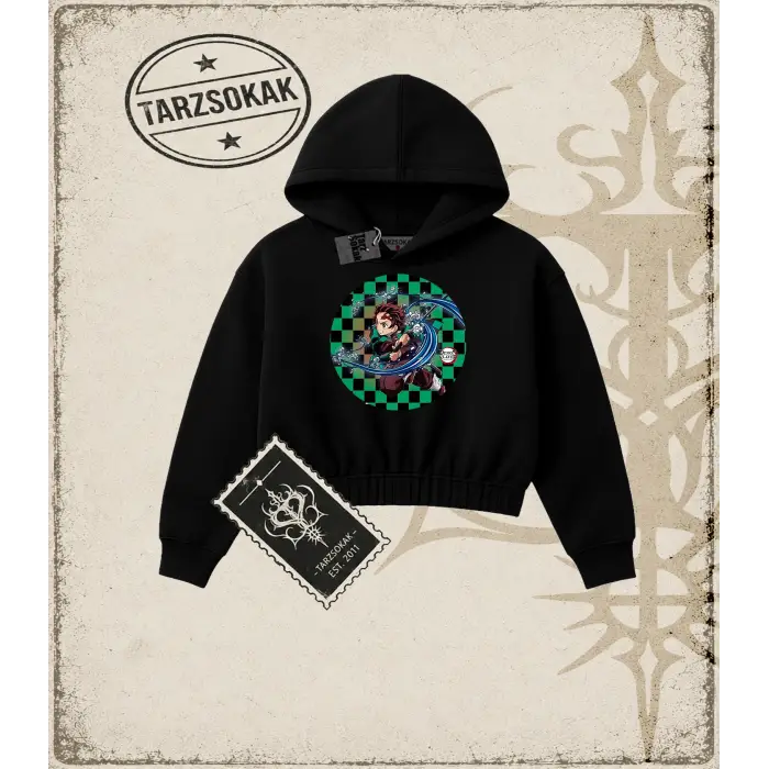 Demon Slayer Anime Baskılı Kadın Crop Kapşonlu Sweatshirt