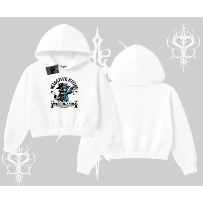 Detective Kitten Kedi Baskılı Kapşonlu Crop Sweatshirt