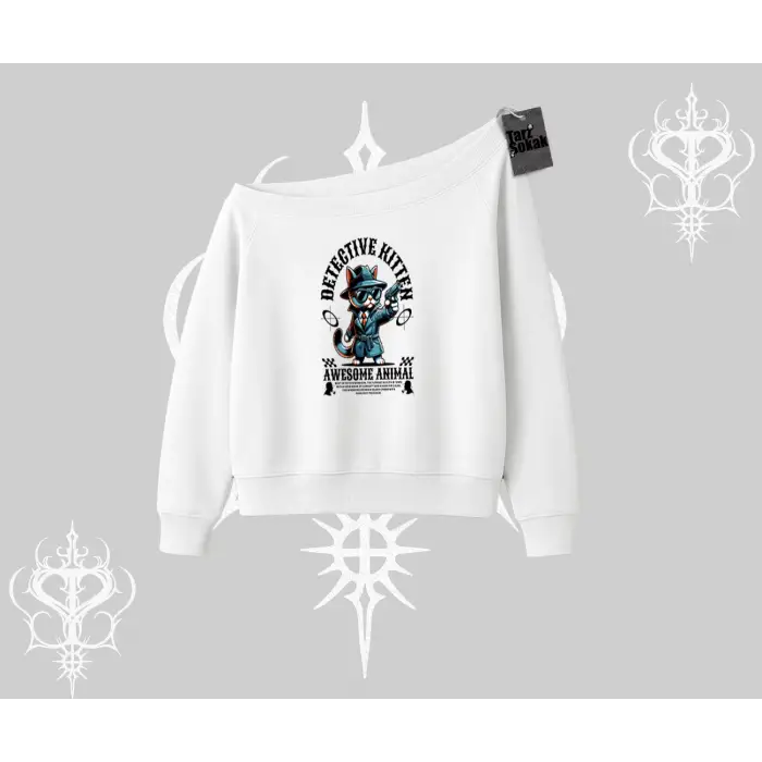 Detective Kitten Kedi Baskılı Kayık Yaka Sweatshirt