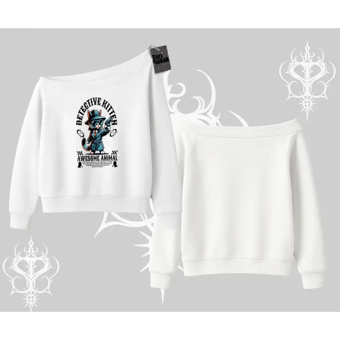 Detective Kitten Kedi Baskılı Kayık Yaka Sweatshirt