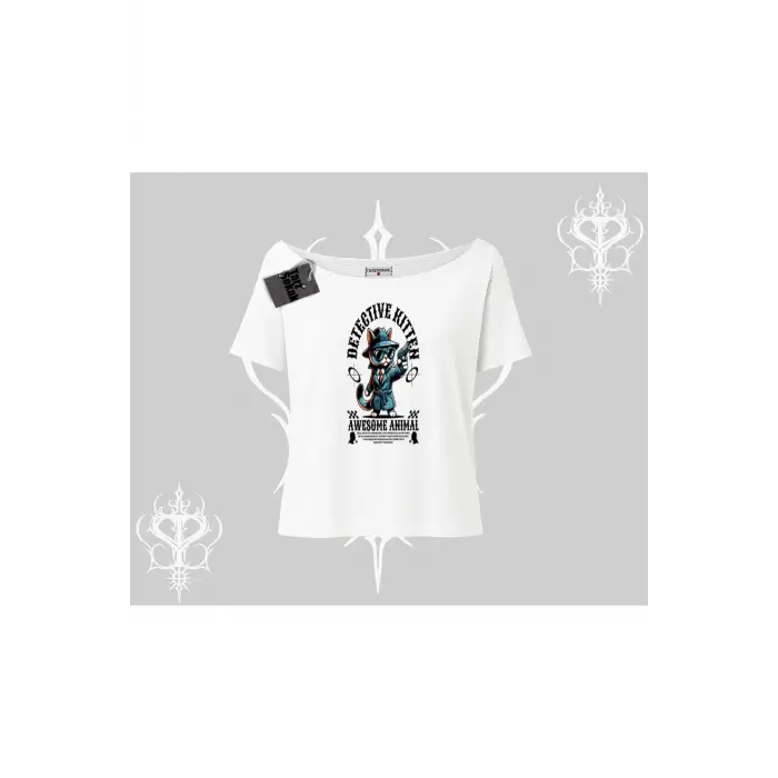 Detective Kitten Kedi Baskılı Kayık Yaka Tshirt