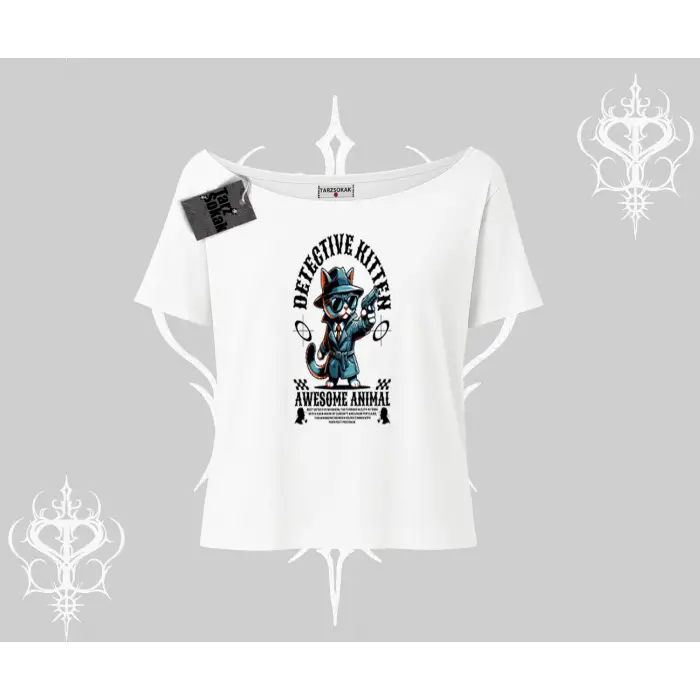 Detective Kitten Kedi Baskılı Kayık Yaka Tshirt