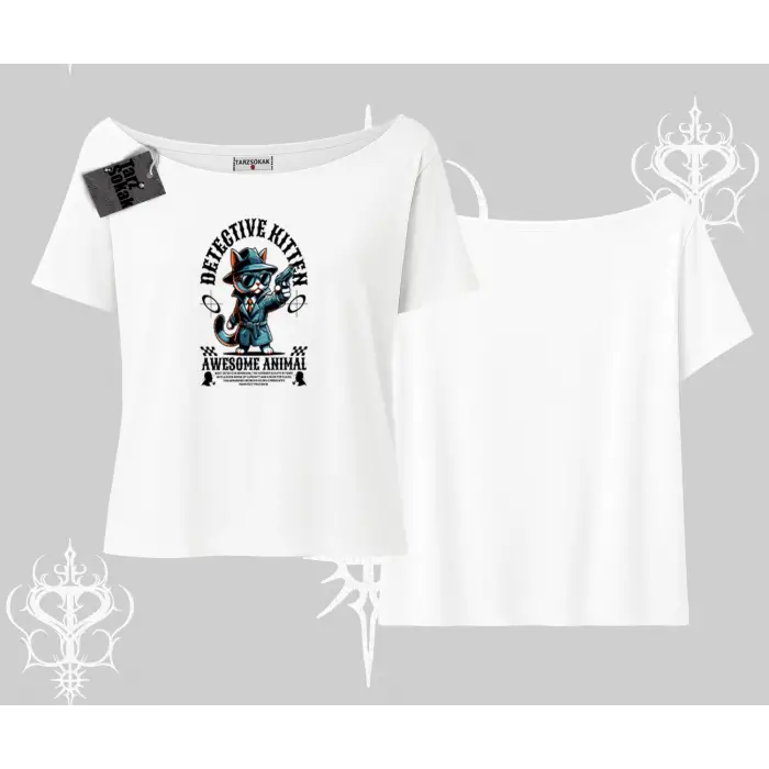 Detective Kitten Kedi Baskılı Kayık Yaka Tshirt