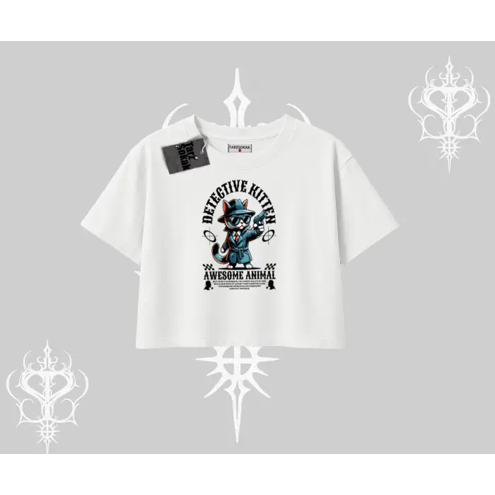 Detective Kitten Kedi Baskılı Oversize Crop Tshirt