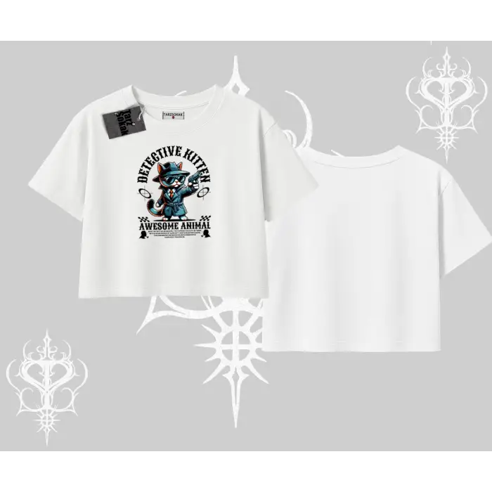 Detective Kitten Kedi Baskılı Oversize Crop Tshirt