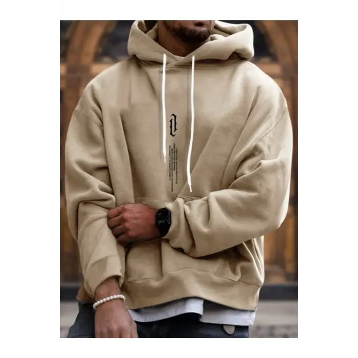 Dik Renkli Oversize Kapüşonlu Sweatshirt Bej