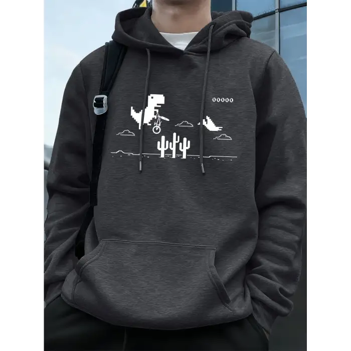 Dinozorlar Kaktüs Üzerinde Baskılı Erkek Kapüşonlu Üstü Sonbahar Cepli Sweatshirt Temel Polar
