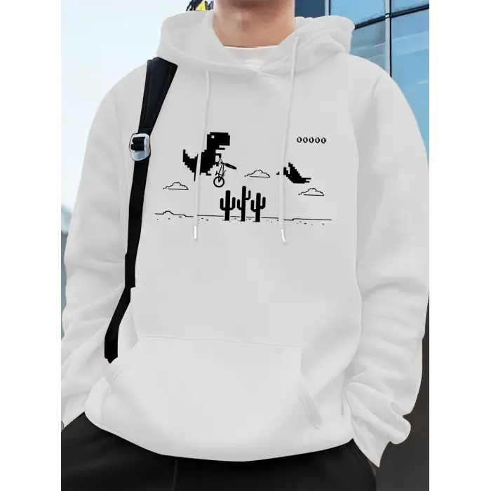 Dinozorlar Kaktüs Üzerinde Baskılı Erkek Kapüşonlu Üstü Sonbahar Cepli Sweatshirt Temel Polar