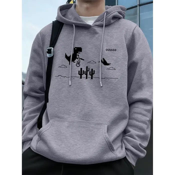 Dinozorlar Kaktüs Üzerinde Baskılı Erkek Kapüşonlu Üstü Sonbahar Cepli Sweatshirt Temel Polar