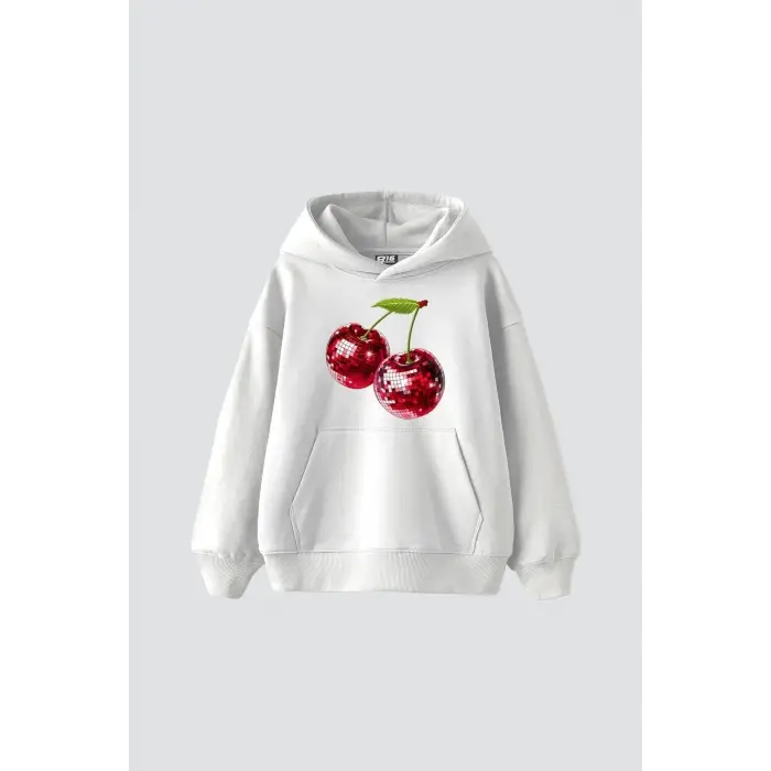 Disco Cherry Baskılı Oversize Unisex Beyaz