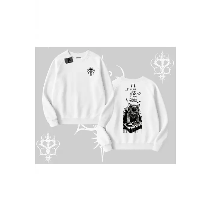 DJ Kedi Baskılı Müzik Temalı Biskilet Sweatshirt