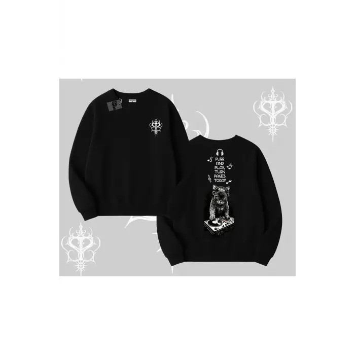 DJ Kedi Baskılı Müzik Temalı Biskilet Sweatshirt