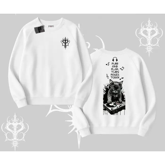 DJ Kedi Baskılı Müzik Temalı Biskilet Sweatshirt