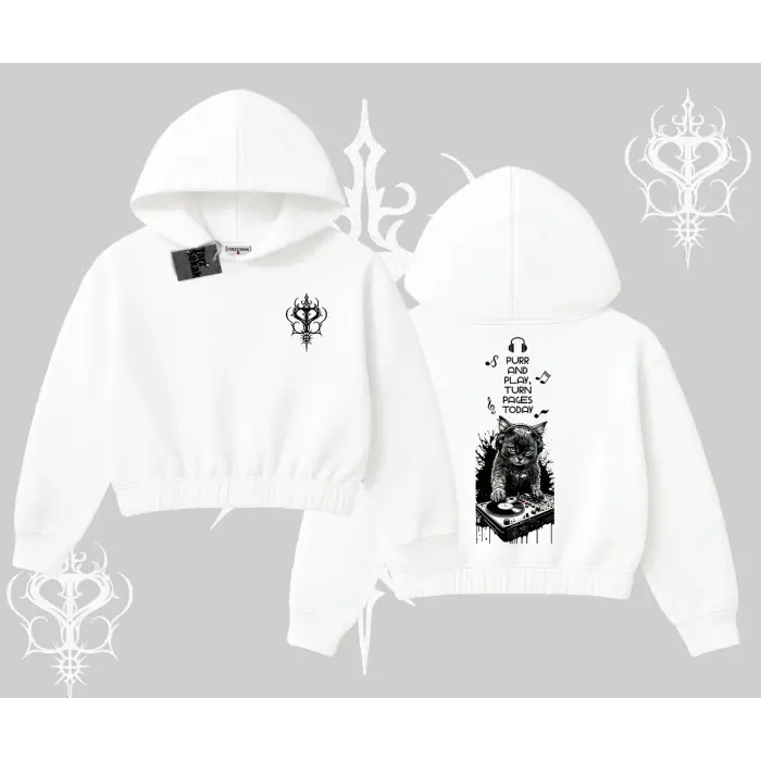 DJ Kedi Baskılı Müzik Temalı Kapşonlu Crop Sweatshirt