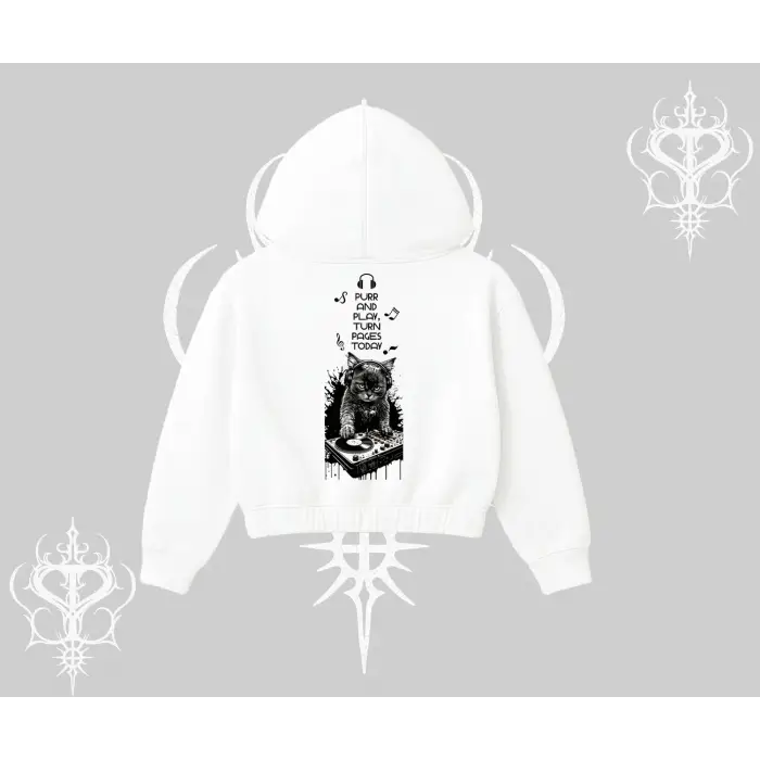 DJ Kedi Baskılı Müzik Temalı Kapşonlu Crop Sweatshirt