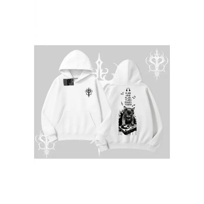 DJ Kedi Baskılı Müzik Temalı Kapşonlu Sweatshirt