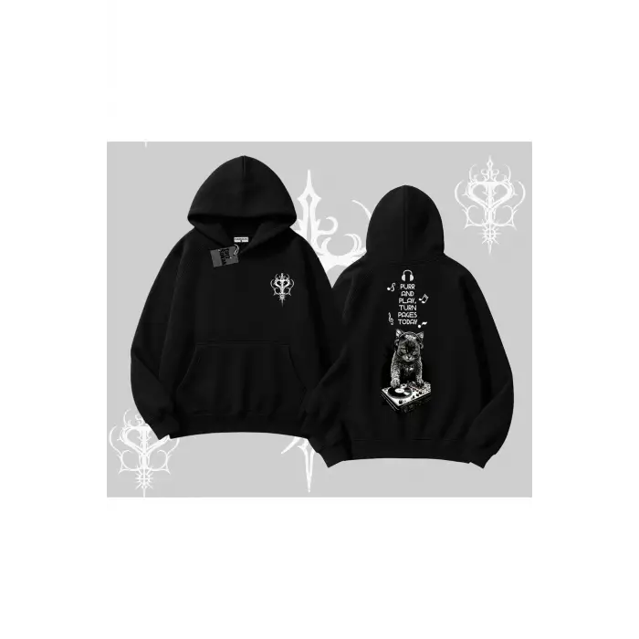 DJ Kedi Baskılı Müzik Temalı Kapşonlu Sweatshirt