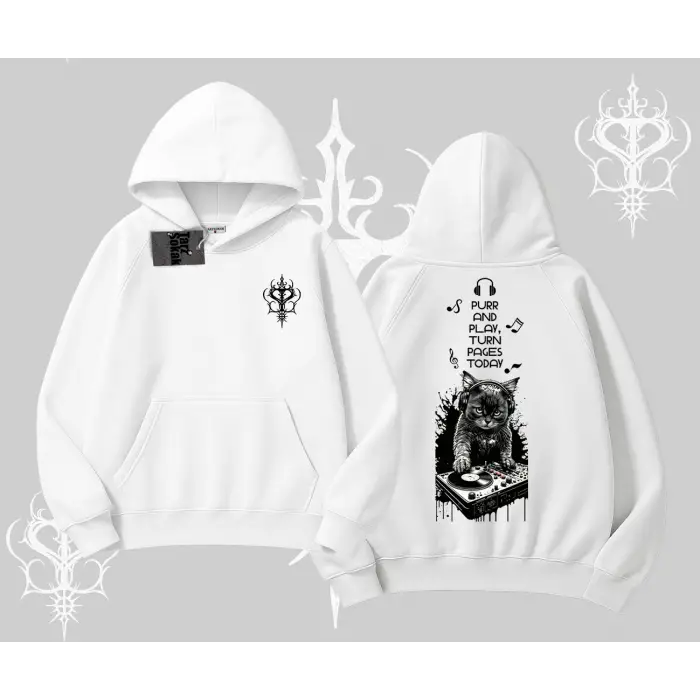 DJ Kedi Baskılı Müzik Temalı Kapşonlu Sweatshirt