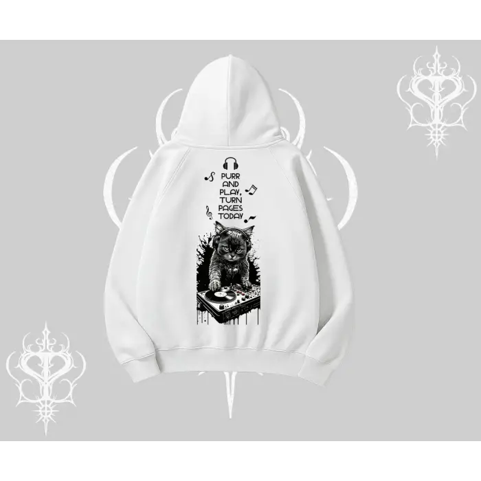 DJ Kedi Baskılı Müzik Temalı Kapşonlu Sweatshirt