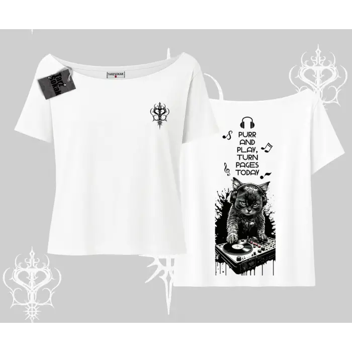 DJ Kedi Baskılı Müzik Temalı Kayık Yaka Tshirt
