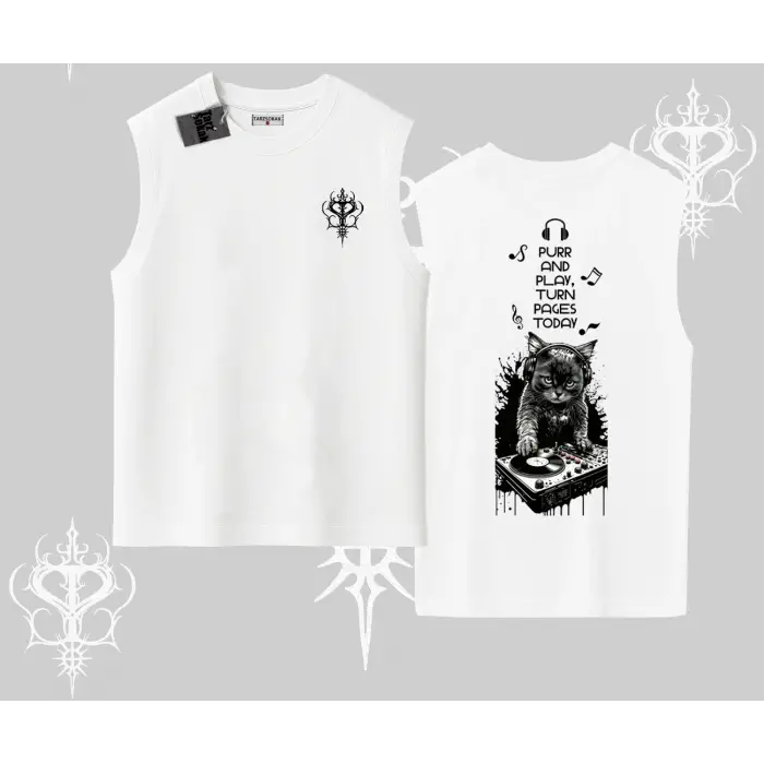 DJ Kedi Baskılı Müzik Temalı Kolsuz Tshirt