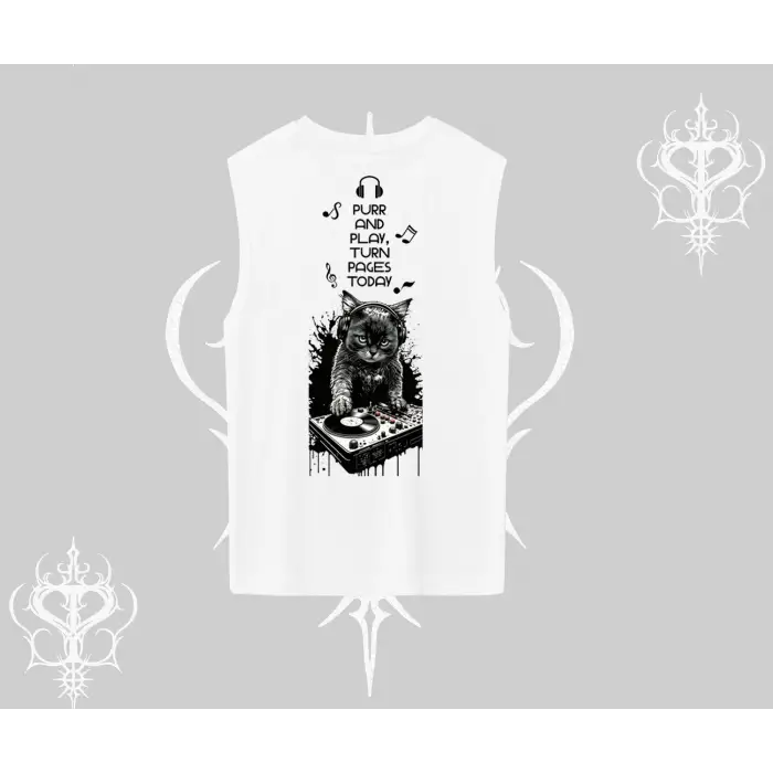 DJ Kedi Baskılı Müzik Temalı Kolsuz Tshirt